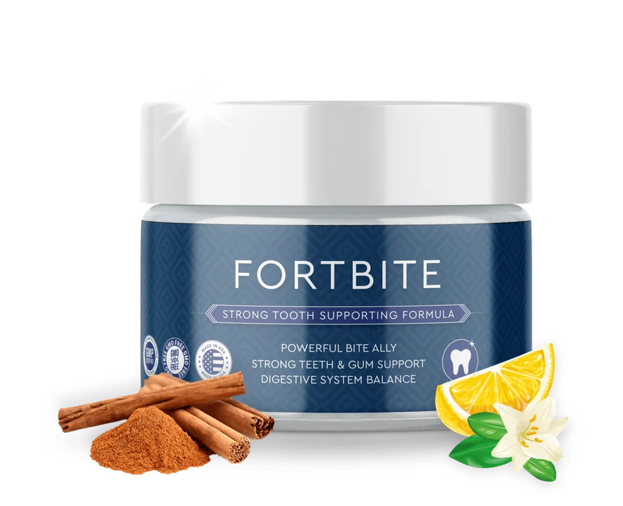FortBite natural tooth powder jar with cinnamon and lemon